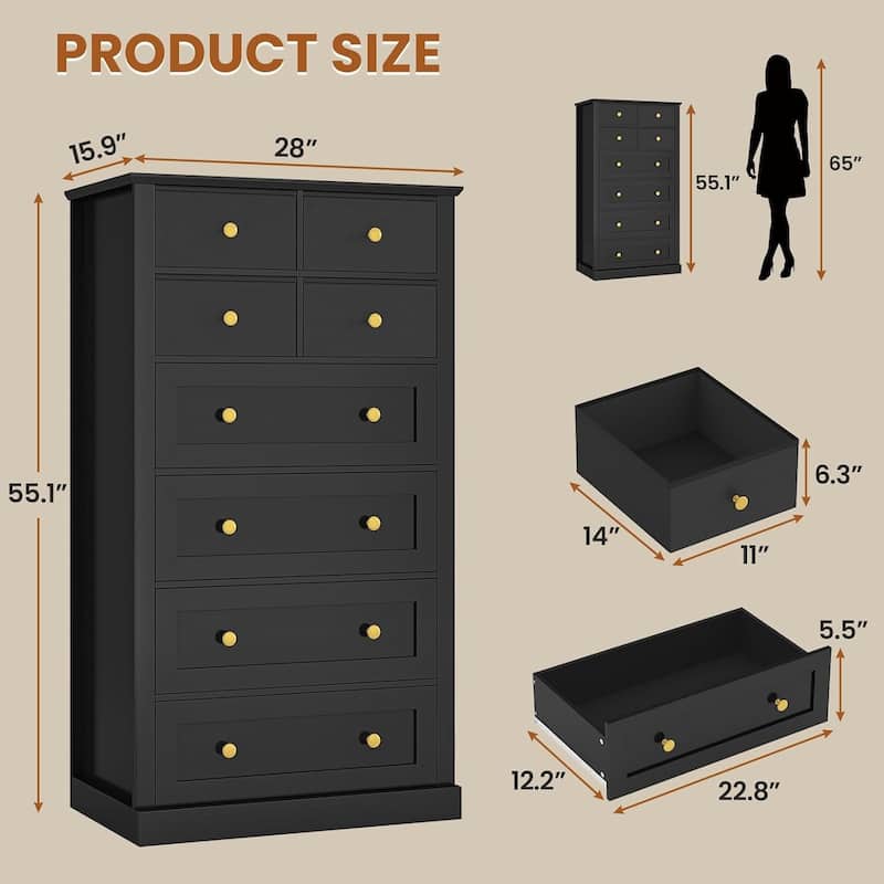 8 Drawers Tall Dresser for Bedroom 55.1H Tall Dressers Chest of Drawers