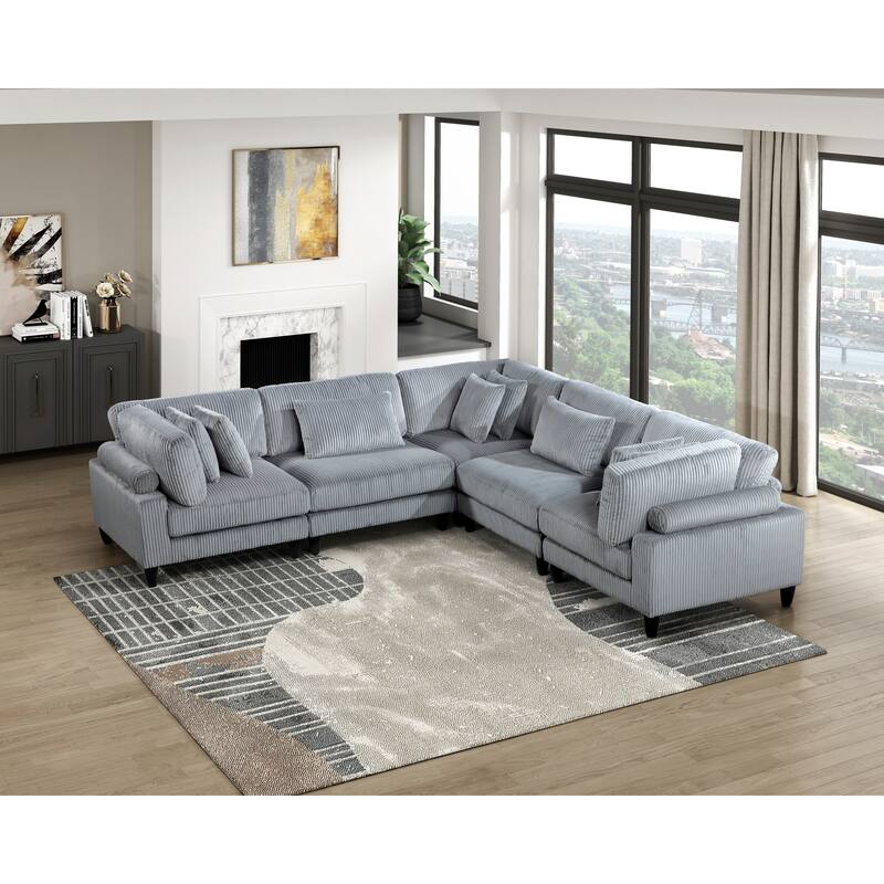 5pc Gray Corduroy Modular Sectional Set with Pillows, 3 Corner Seats, 2 Armless Chairs