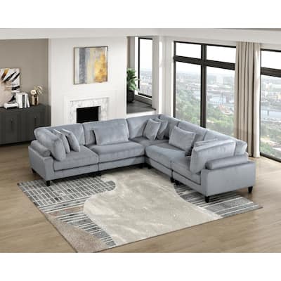 5pc Gray Corduroy Modular Sectional Set with Pillows, 3 Corner Seats, 2 Armless Chairs