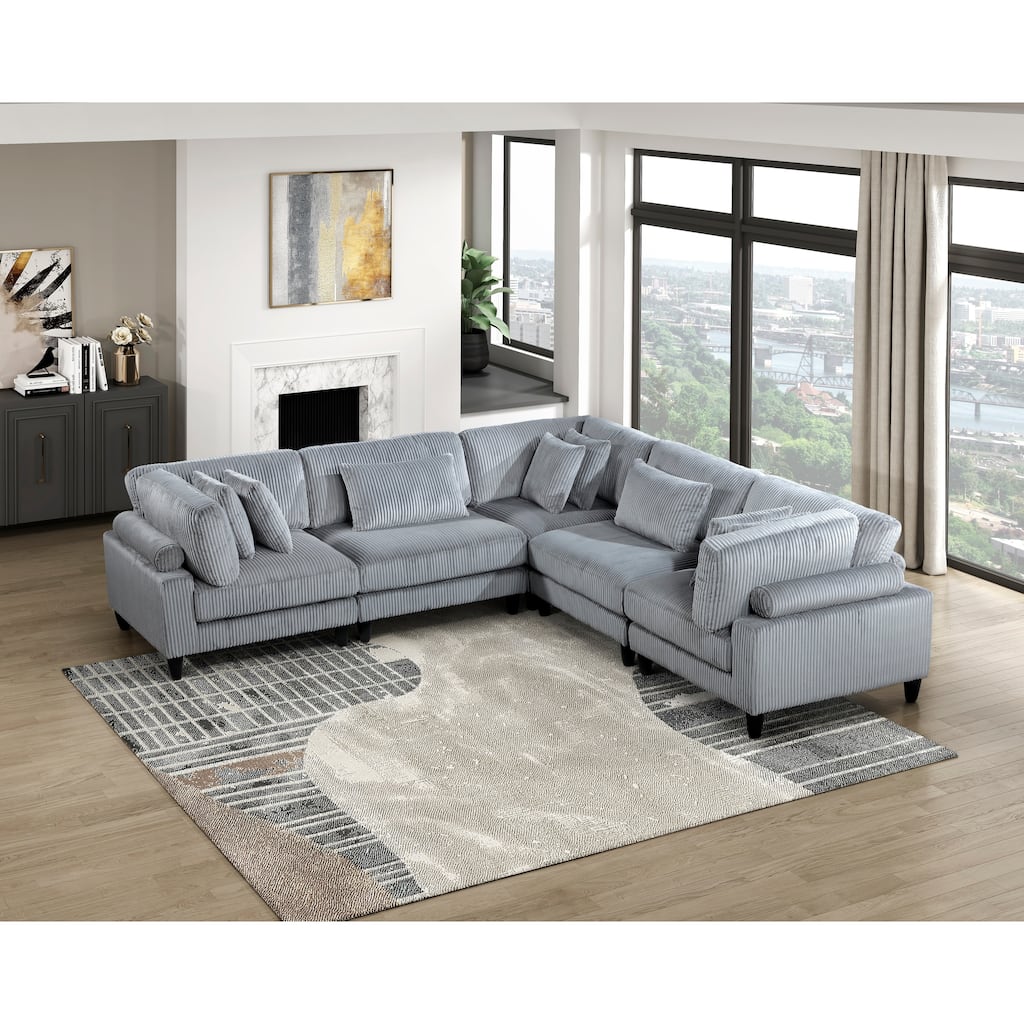 5pc Gray Corduroy Modular Sectional Set with Pillows, 3 Corner Seats, 2 Armless Chairs
