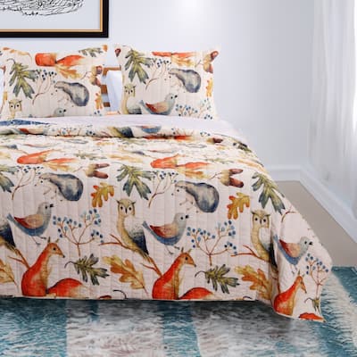 Nature Inspired King Size Cotton and Polyester Quilt Set, Multicolor, Set of Three