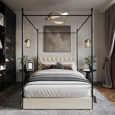 Clayfell Harlan Queen Upholstered Metal Storage Canopy Bed, Beige