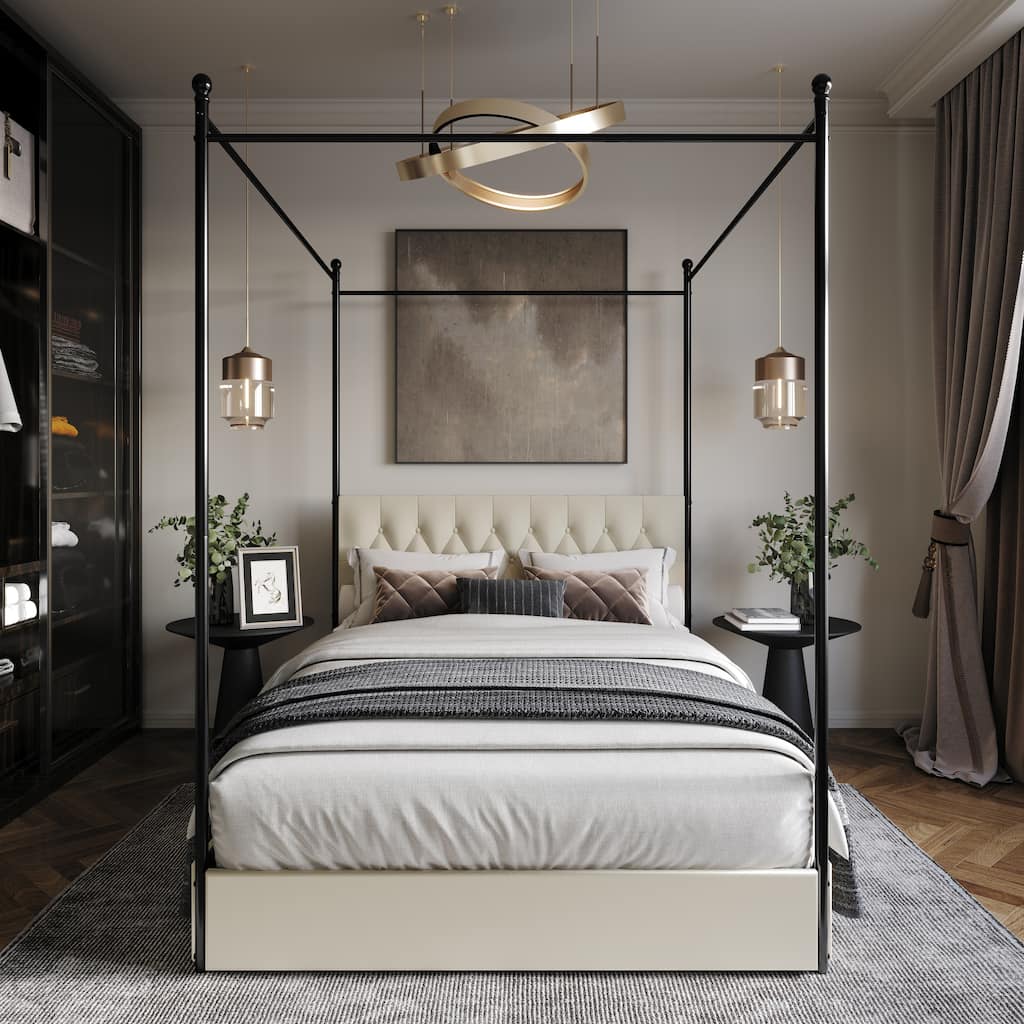 Clayfell Harlan Queen Upholstered Metal Storage Canopy Bed, Beige