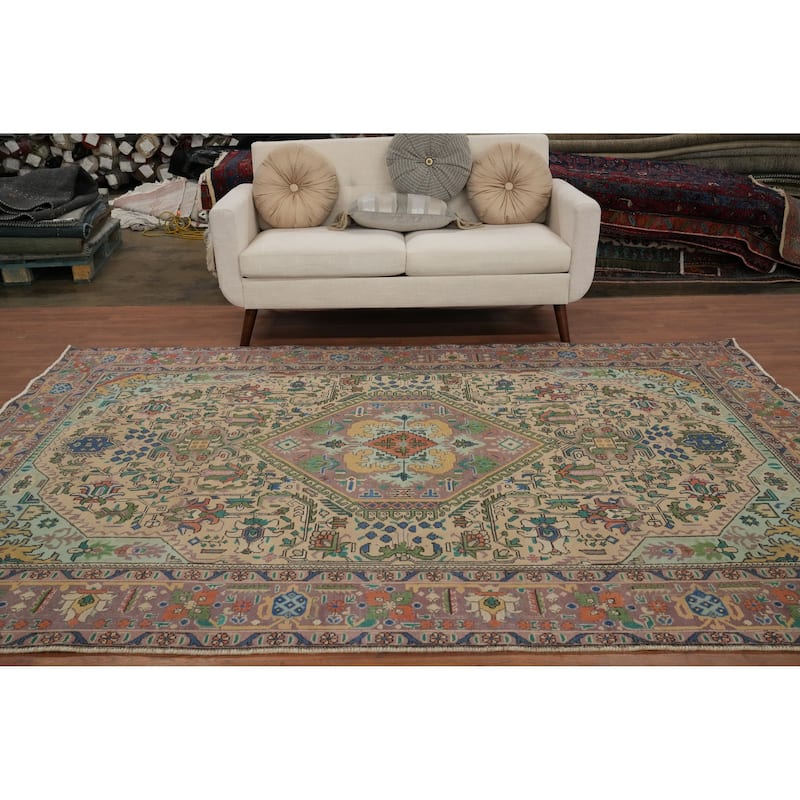 Hand Knotted Oriental 100% Wool Carpet Traditional Floral Beige & Ivories Tabriz Area Rug - 9' 7'' X 6' 7''