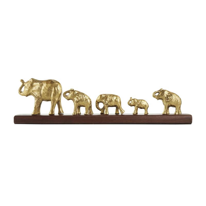 Aluminum Metal Elephant Decorative Sculpture with Brown Wooden Base - Gold - Roche River Decor