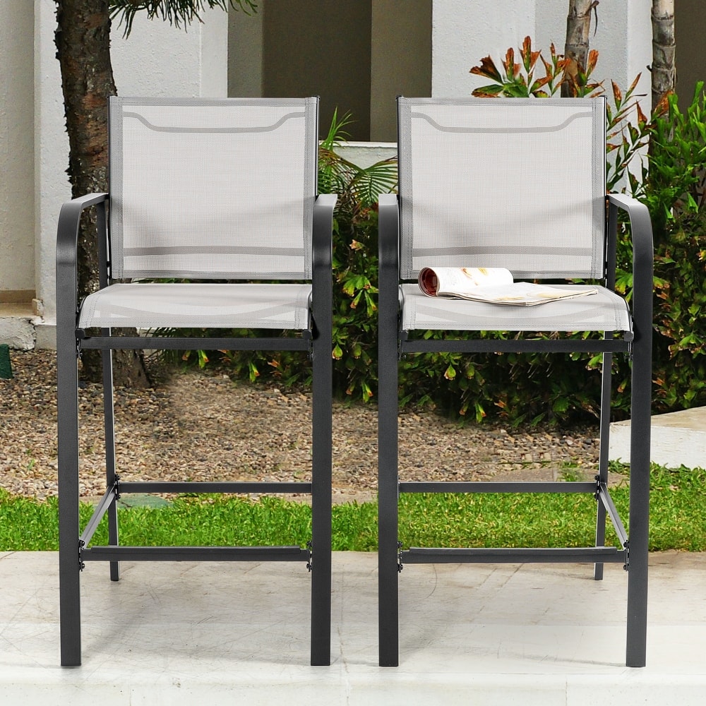 Outdoor Textilene High Bar Stools with Powder-Coated Frame, Light Gray