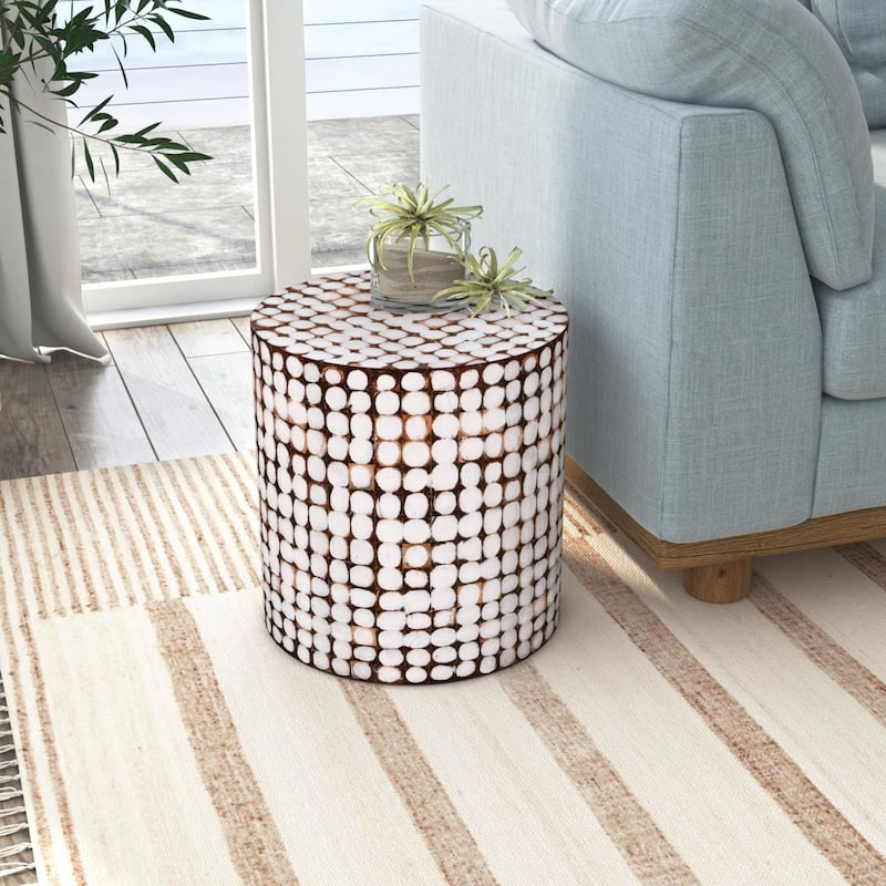 Round Coconut Shell Mosaic Accent Table by East at Main - White