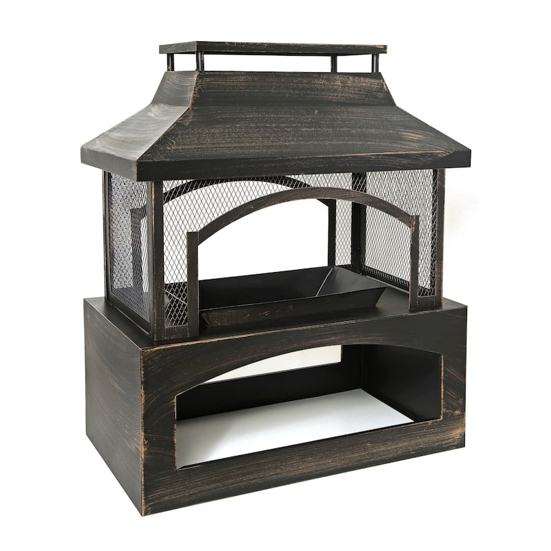 37-Inch Rectangular Metal Outdoor Wood Burning Fireplace - Outdoor Fireplace with Built-in Log Storage and Poker-Brushed Bronze