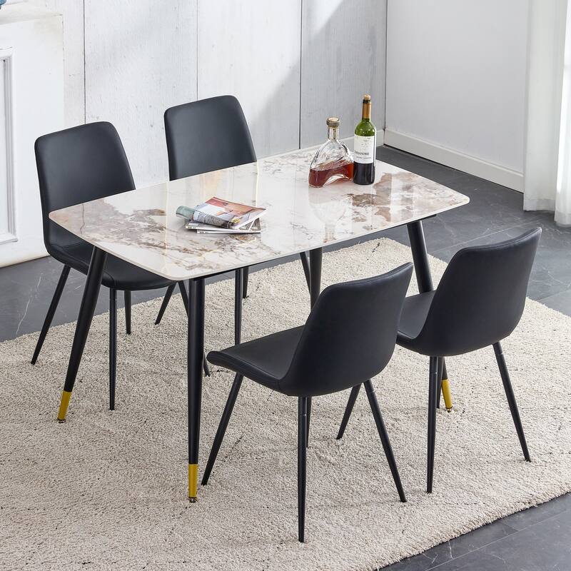 5-Piece Dining Table Set with Marble Table Top, Kitchen Table Set with 4 Curved Chair Cushion for Dining Room - White+Black