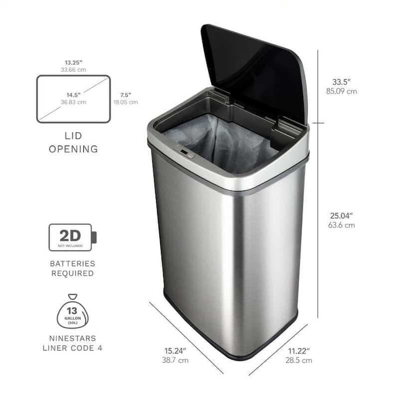 NINESTARS Rectangular Motion Sensor Trash Can 13.2 Gallon Silver DZT-50-28SL