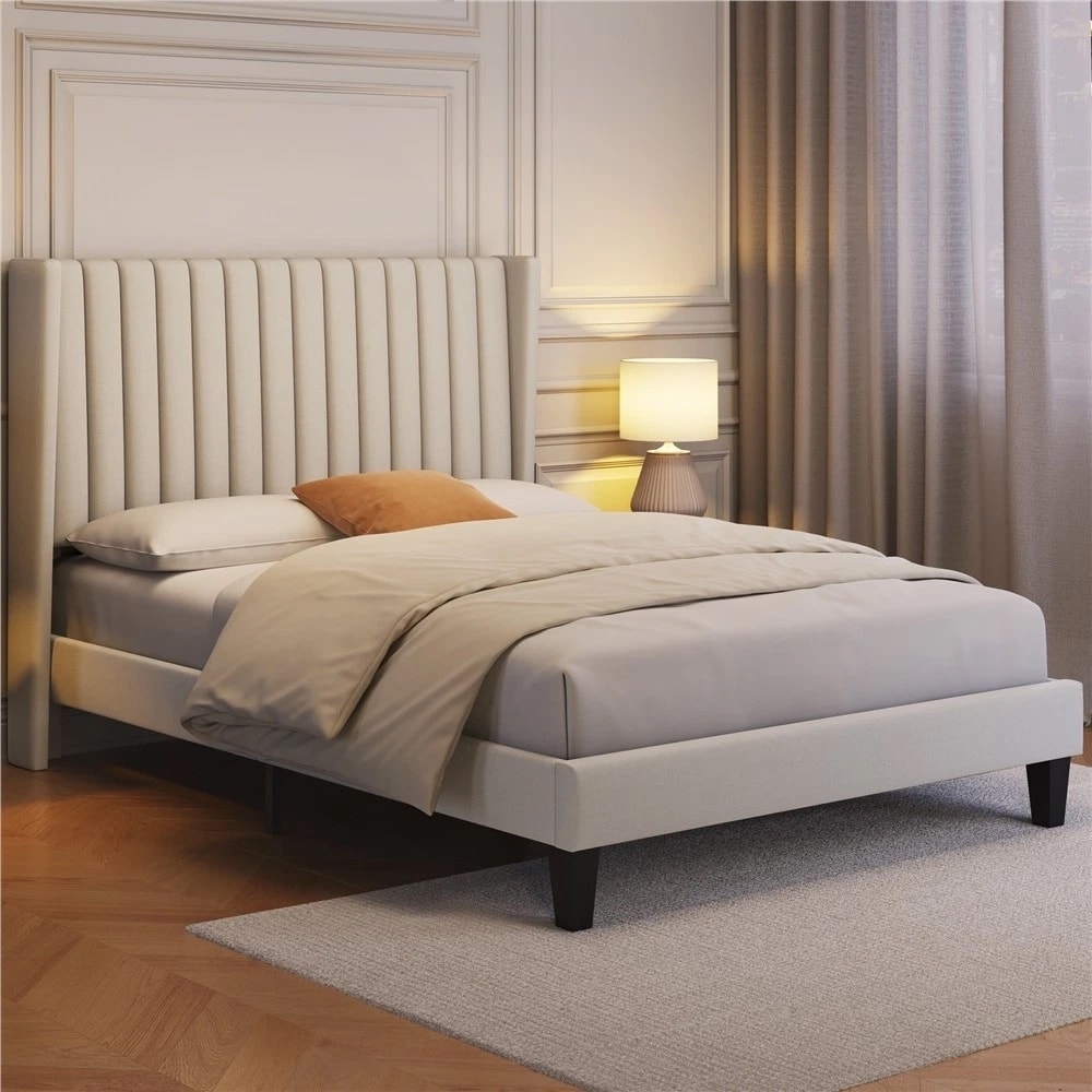 Full Upholstered Platform Bed Frame Tufted Headboard Beige
