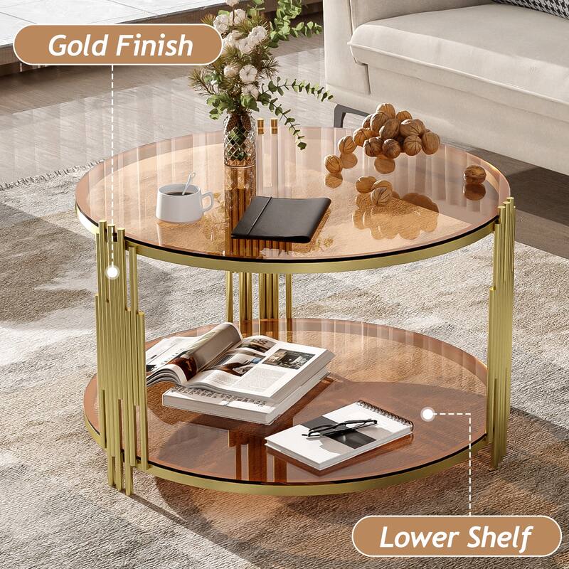 Modern Mirror Coffee Table, Asymmetrical Metal, Circular Metal Drum Base, Gold Finish & Lower Shelf