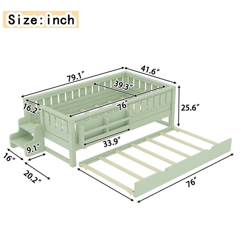 Twin with Built-in Bookshelves and Small Staircase, High-Quality Safety Rails, and Trundle