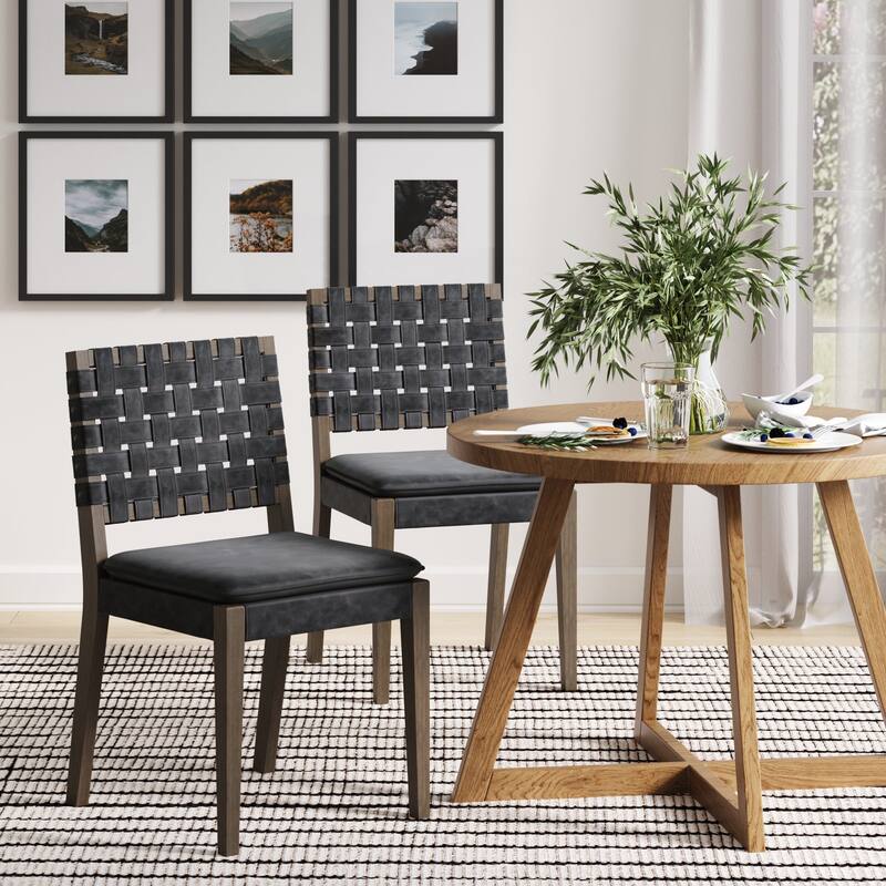 Cohen 19 in. Wood Dining Chair, Mid-Century Modern Upholstered Side Chair with Hand Woven Faux Leather Backrest