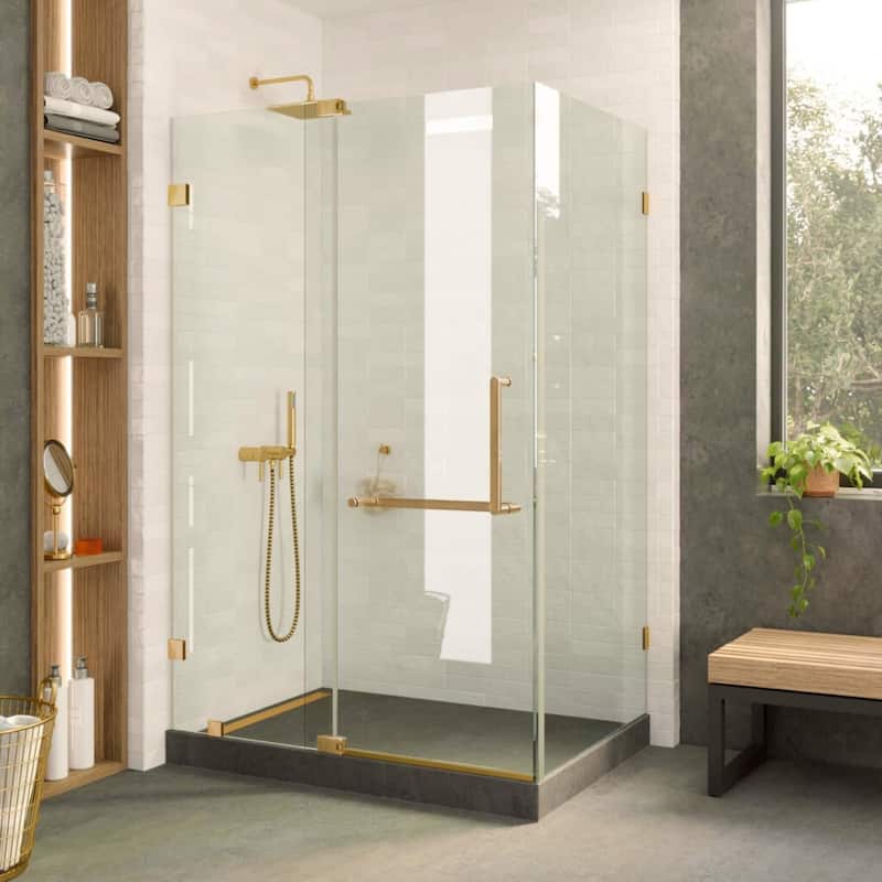 Fine Fixtures Frameless Glass Shower Enclosure - Tempered Glass - 40" x 28" - Satin Brass