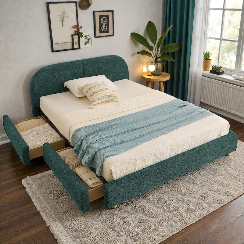 Upholstered Bed Frame with Tall Curved Headboard and Storage Drawers, Modern Minimalist Platform Bed No Box Spring