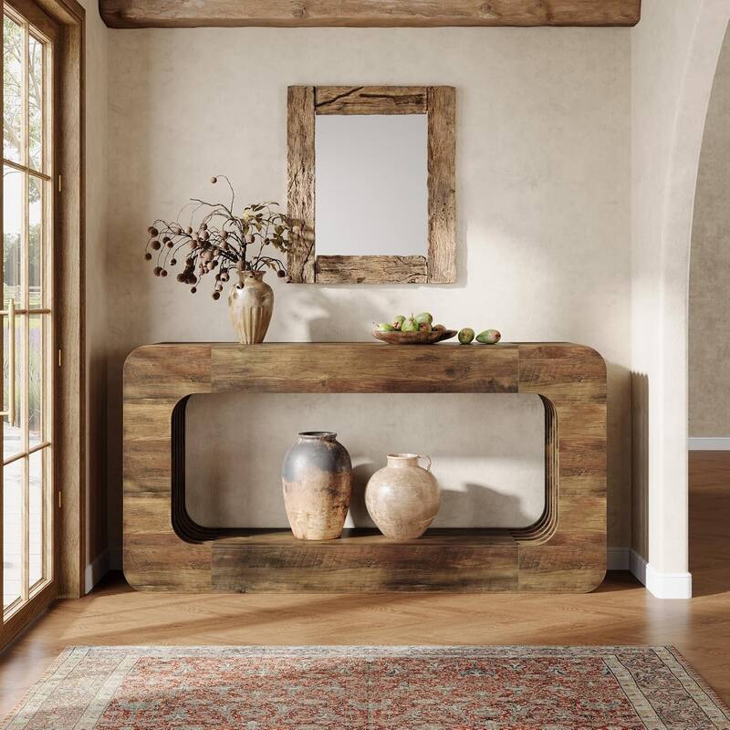 63" 2-Tier Console Table for Entryway, Wooden Narrow Sofa Table - Brown - MDF