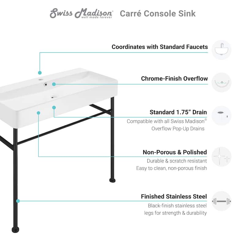 Carre Ceramic Console Sink White Basin Black Legs