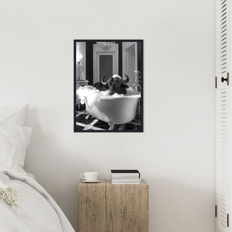 Curious Buffalo In the Tub by Niky Rahner Framed Canvas Wall Art