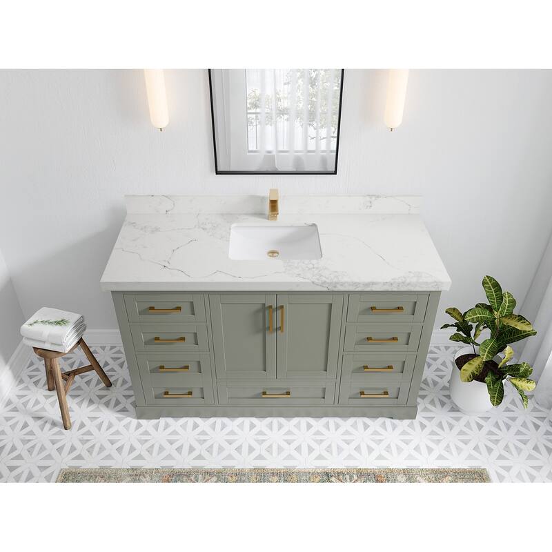 Willow Collection 60 in W x 22 in D x 36 in H Boston Single Bowl Sink Bathroom Vanity with Countertop - 2"Calacatta Nuvo - Evergreen