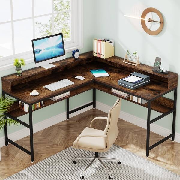 LShaped Compute Desk with Monitor Stand and Storage Shelf, Rustic