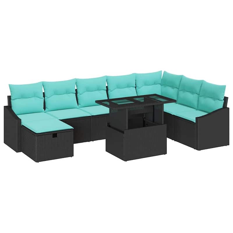 vidaXL 9 Garden Sofa Set with Cushions Black/Brown/Grey Poly Rattan - 113.6 x 70.3 x 27.2