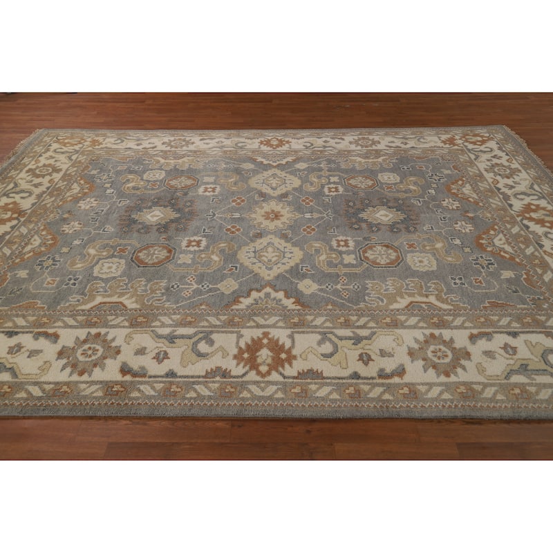 Gray Ivory Oushak Indian Area Rug Handmade Wool Carpet - 7'10" x 10'3"