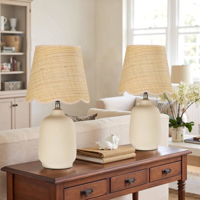 2 Pack Rustic Ceramic Accent Table Lamp with Raffia Shade