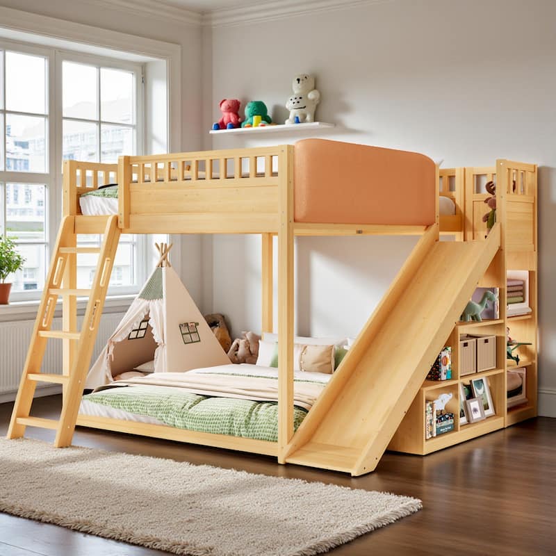 Loft Bed with Upholstered Headboard, Storage Shelves, Ladder and Slide, Solid Wood Frame