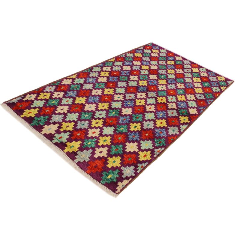 Shabby Chic Balochi Dickson Purple/Beige Hand Knotted Wool Rug - 3'6'' x 4'10''