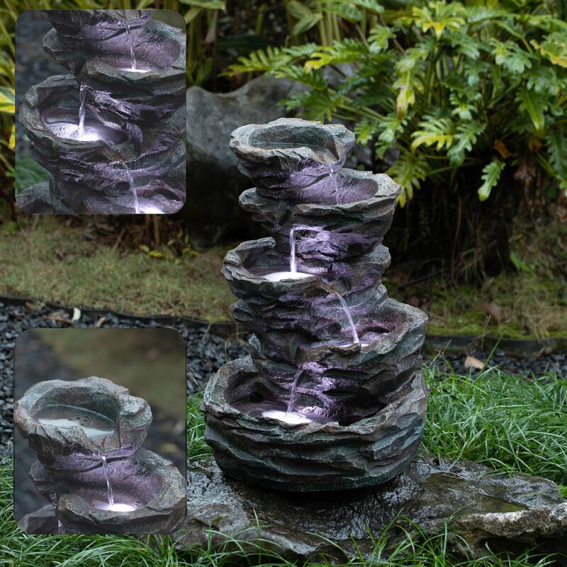 Cascading Electric Powered Rock Water Fountain with LED Lights 18.5" for Indoor and Outdoor Use