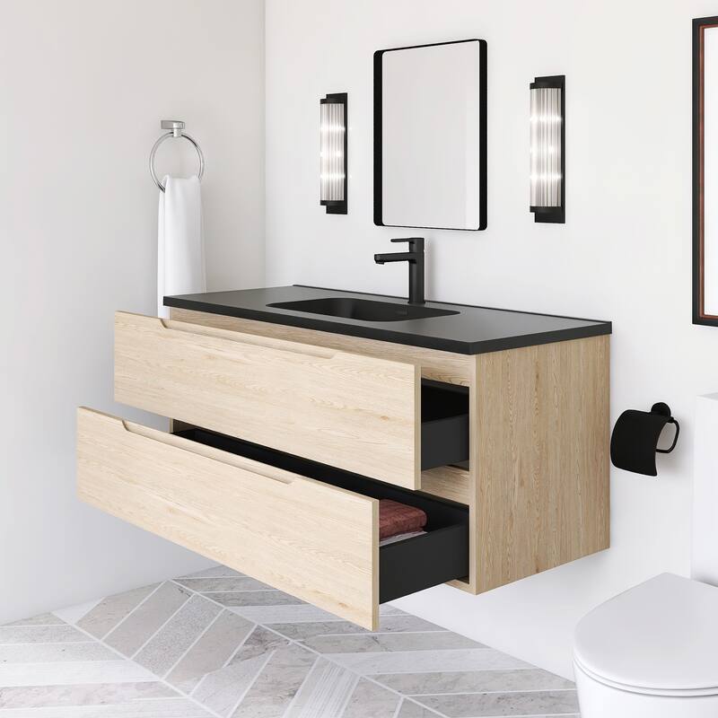Floating Bathroom Vanity in Evita Oak with Integrated Quartz Sand Top