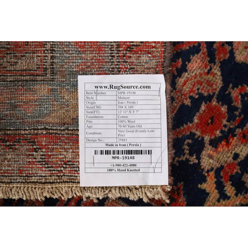 Malayer Antique Persian Runner Rug Hand-Knotted Wool Carpet - 3'7" x 12'11"