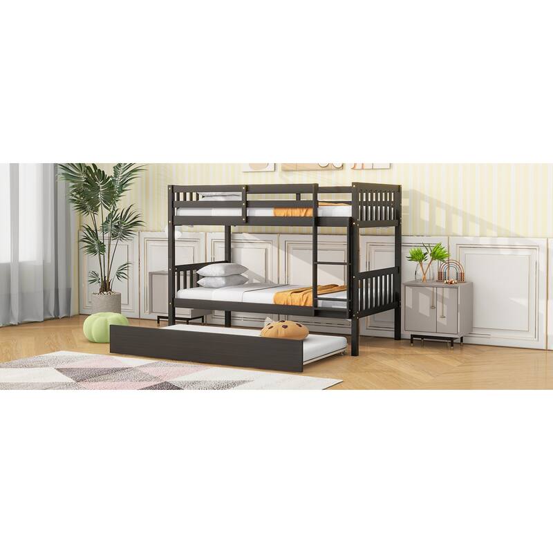 Roomfitters Twin Over Twin Rubber Wood Bunk Bed with Trundle, Convertible to Two Twin Beds, Ladder and Guardrails
