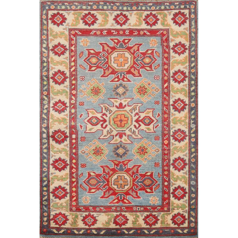 Light Blue Kazak Foyer Rug Hand-Knotted Bedroom Wool Carpet - 2'10"x 4'0"