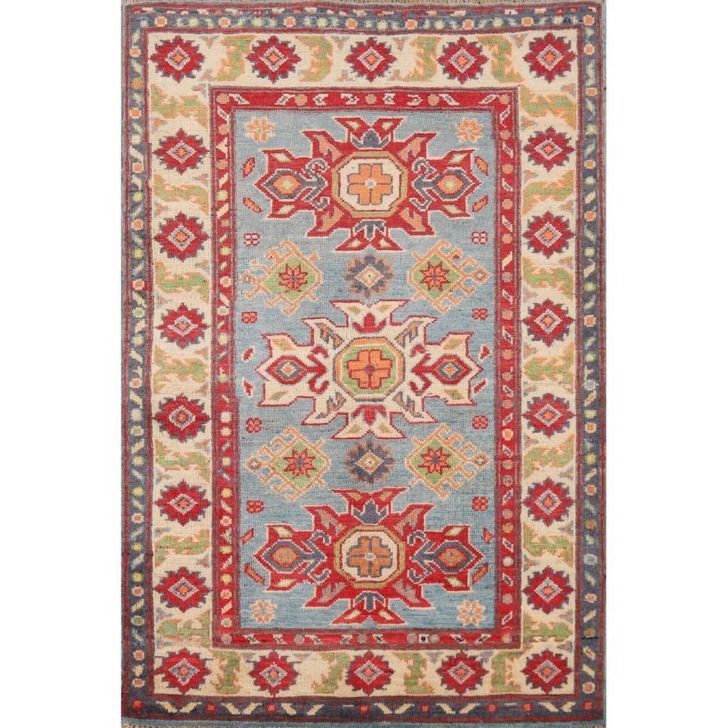 Light Blue Kazak Foyer Rug Hand-Knotted Bedroom Wool Carpet - 2'10"x 4'0"