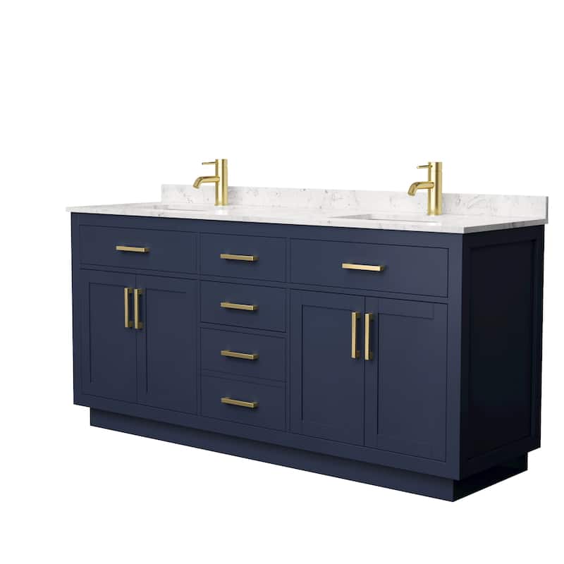 Beckett TK 72-inch Double Vanity, Cultured Marble Top - Dark Blue, Gold Trim, Carrara Cultured Marble Top
