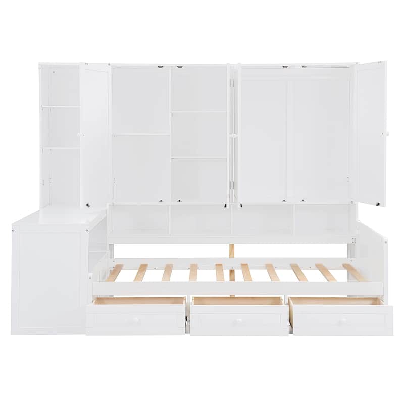 Full or Twin Size Wooden Daybed - 3 Drawers + All-in-One Cabinet, Desk & Shelves, Multi-Functional Furniture Piece