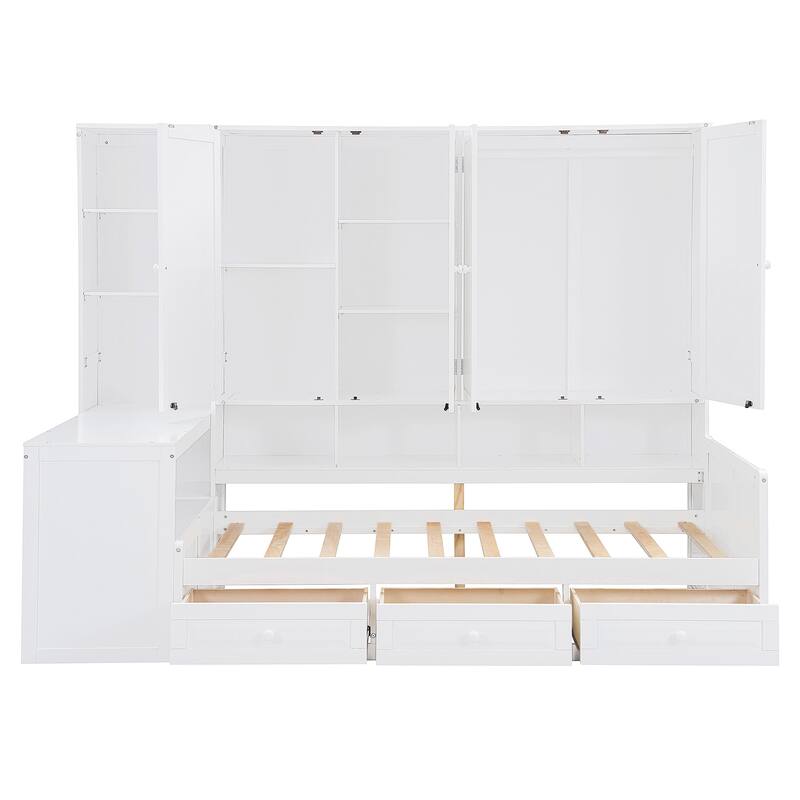 Versatile Twin Size Daybed with Desk & All-in-One Cabinet, Space-Saving Wooden Storage Platform Frame with 3 Drawers and Shelves