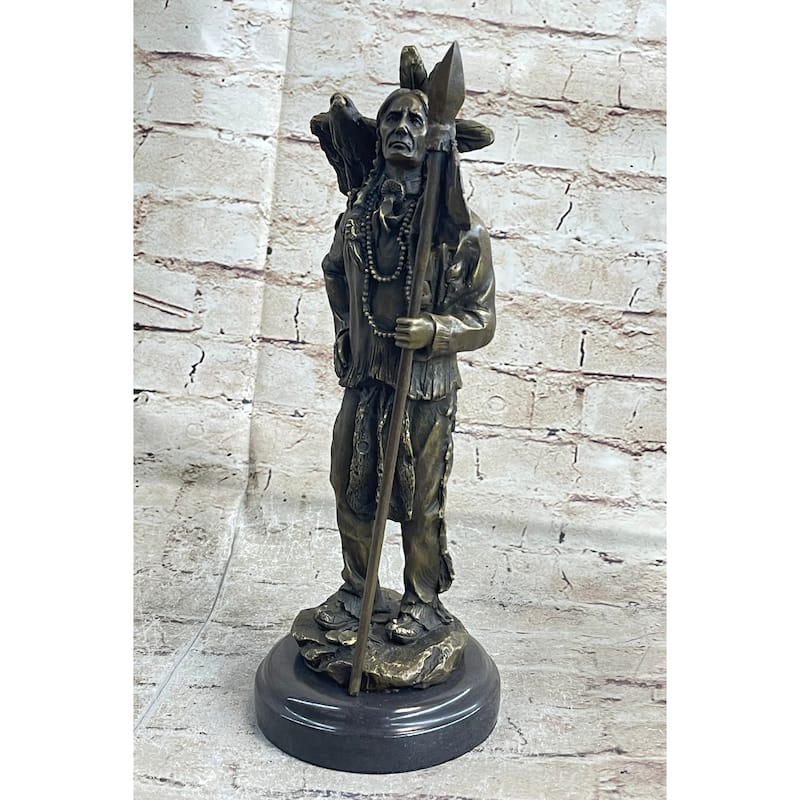 Native American Warrior And Eagle Sculpture Signed Original M. Lopez Bronze