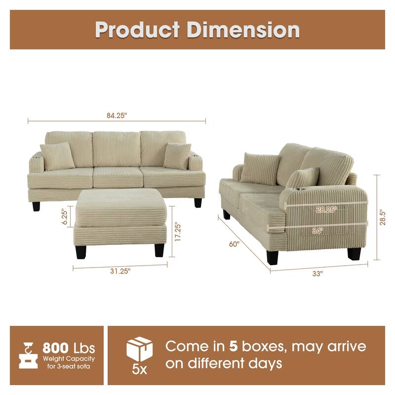 Modern Fabric 3-piece Sectional Sofa Set with Loveseat and Storage Ottoman