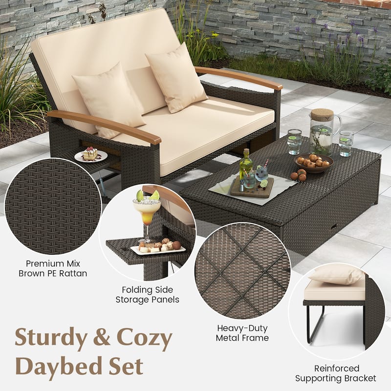Patio Rattan Daybed Set with Cushioned Loveseat & Storage Ottoman