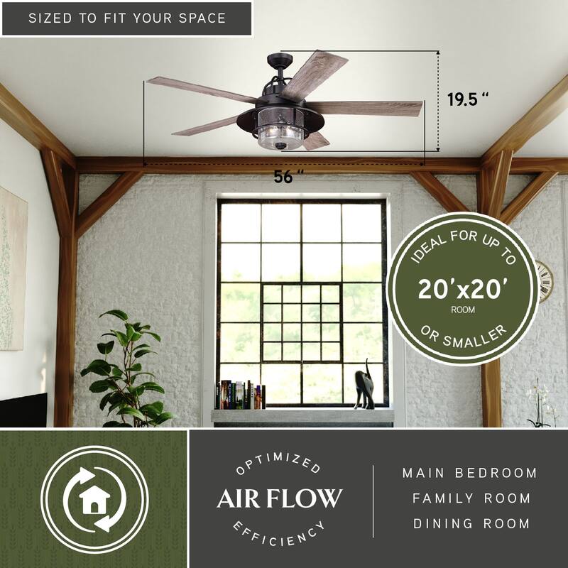 Charleston 56 In. Bronze Farmhouse Indoor-Outdoor Ceiling Fan with LED Light Kit and Remote - 56-in W x 19.5-in H x 56-in D