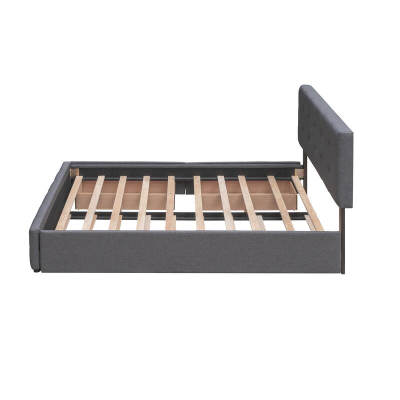Queen Size Upholstered Platform Bed with Twin XL Trundle, Wooden Storage Bed Frame with 2 Drawers & Button Tufted Headboard