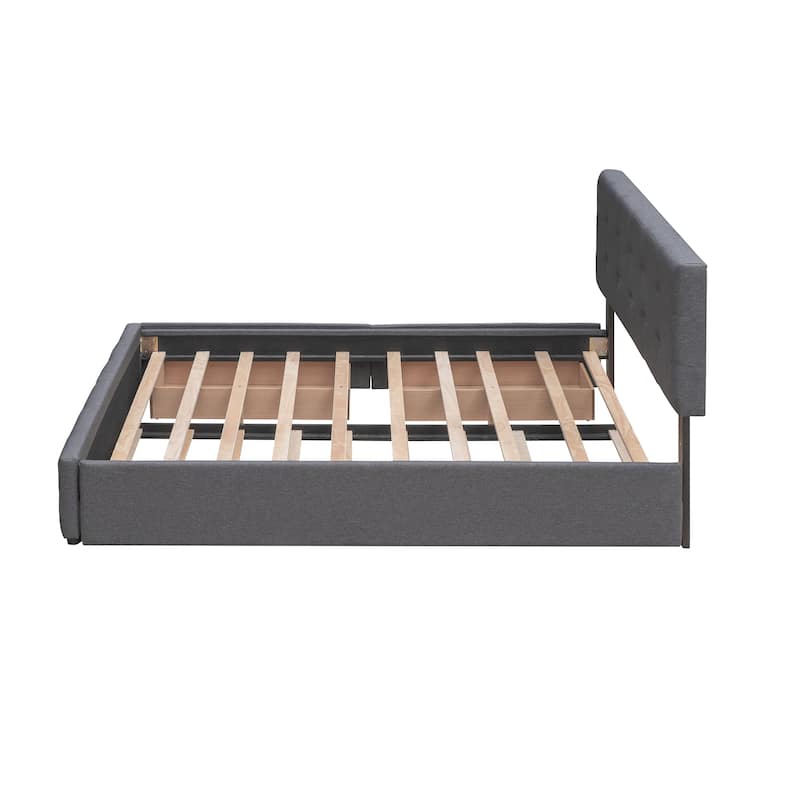 Upholstered Platform Bed with 2 Drawers and 1 Twin XL Trundle, Linen Fabric, Queen Size - Dark Gray