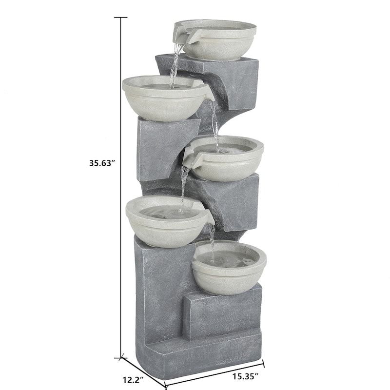 Five Bowl Grey Resin Cascading Outdoor Fountain with LED Lights, 35" High