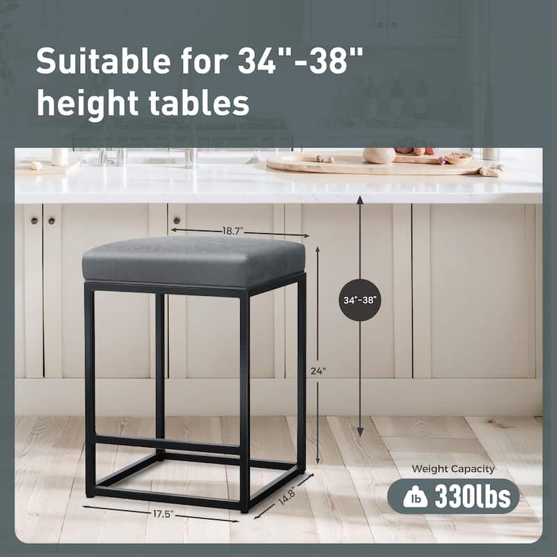 PHI VILLA 24'' Square PU Leather Bar Stool with Sturdy Metal Frame, Set of 2