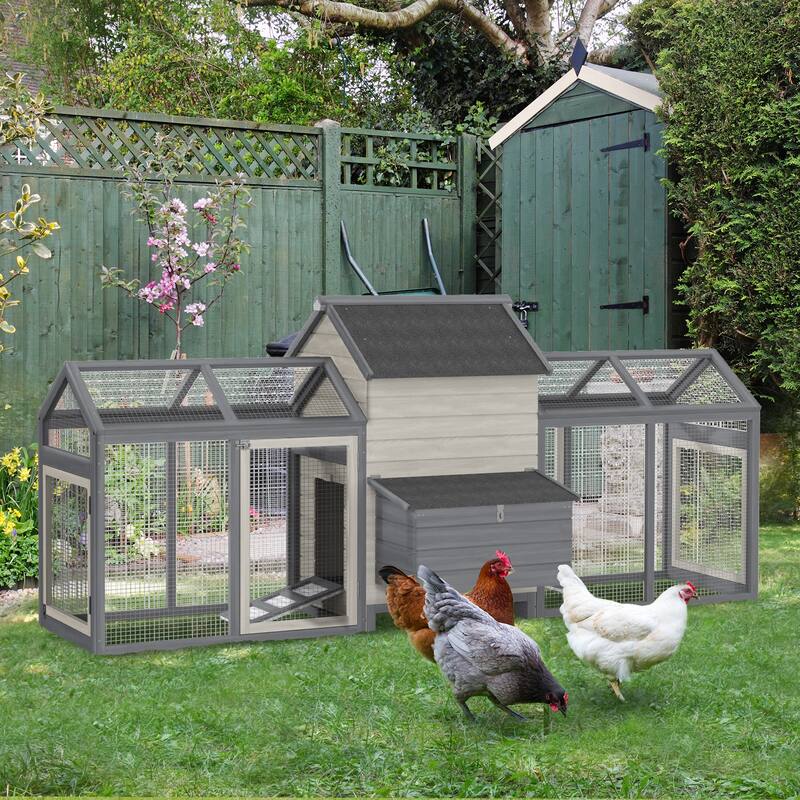 Large Grey Wooden Chicken Coop with Double Outdoor Run and Nesting Boxes Ramp Ventilation