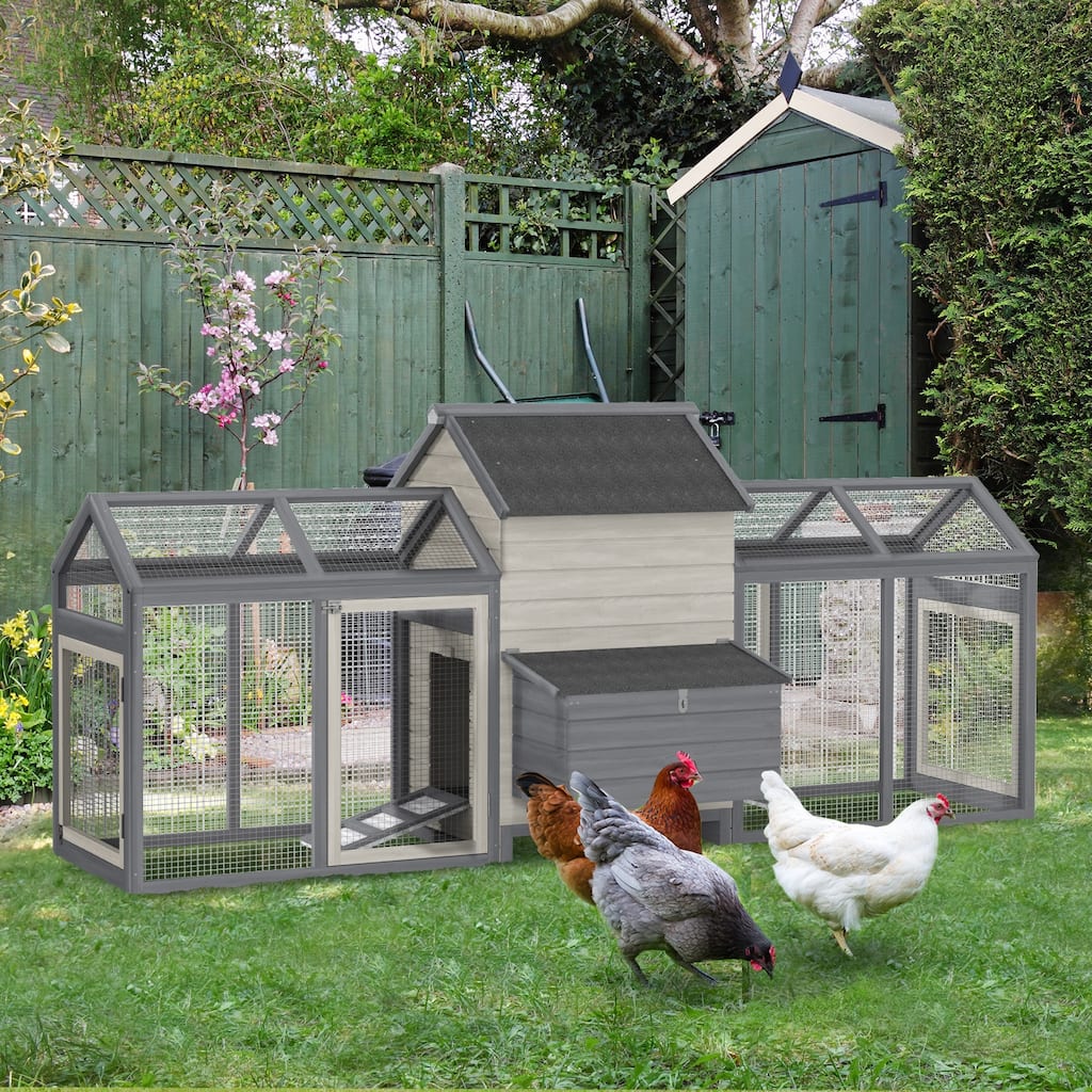 Large Grey Wooden Chicken Coop with Double Outdoor Run and Nesting Boxes Ramp Ventilation