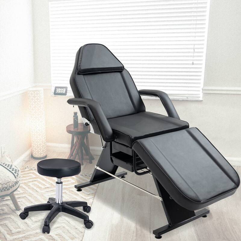 Massage Salon Tattoo Chair - 3-Section Adjustable Facial Bed with Two Trays & Hydraulic Stool, Multi-Purpose Spa Equipment